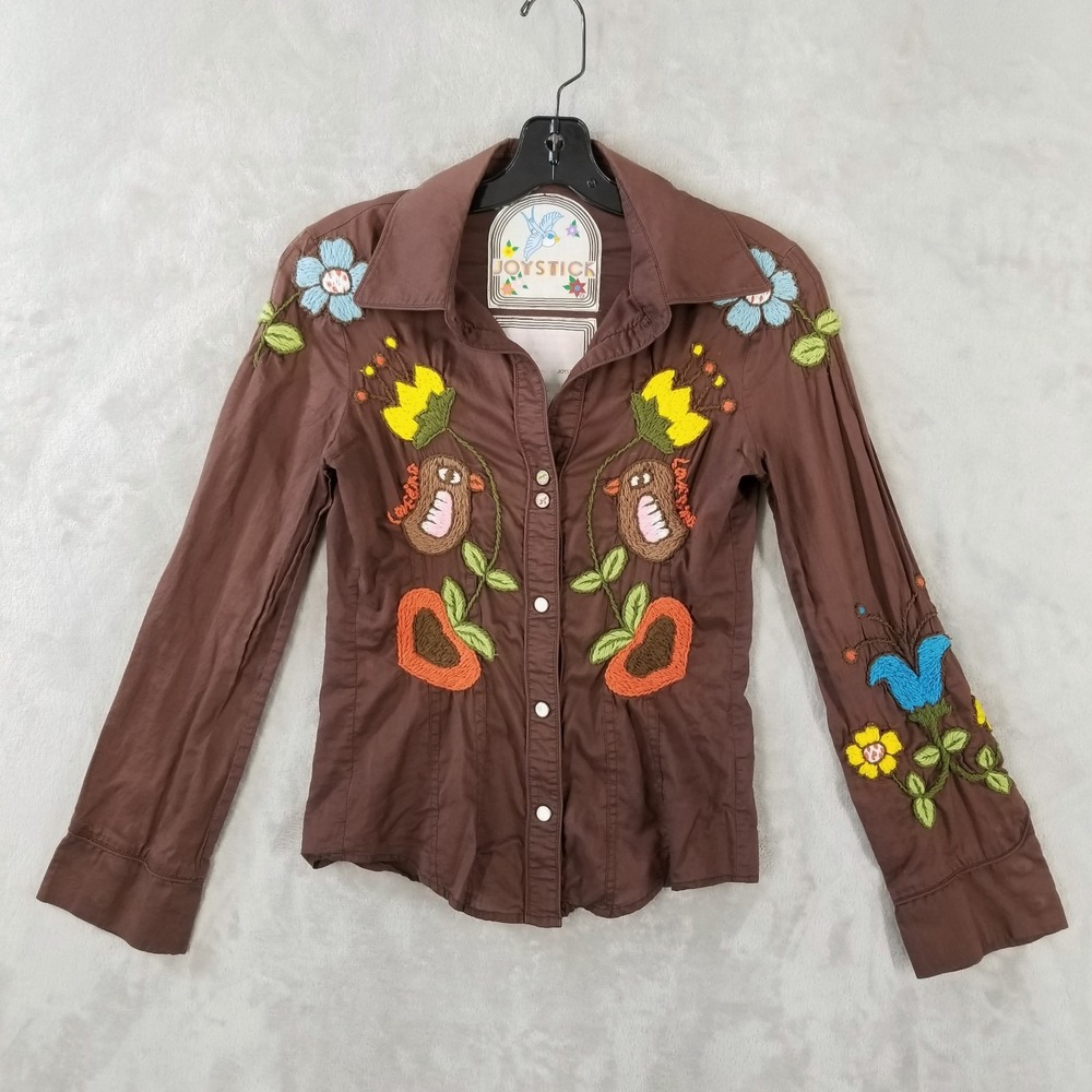 Johnny Was Joystick Blouse Womens M Brown Embroidered Love Bird Y2K Hippie 90s